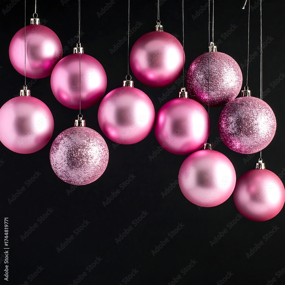 Obraz premium Shiny pink Christmas ornaments hanging against black backdrop