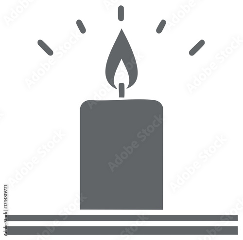 Burning candle gray vector icon graphic illustration. Candlelight flame emitting light. Candle on a flat surface with two horizontal stripes.