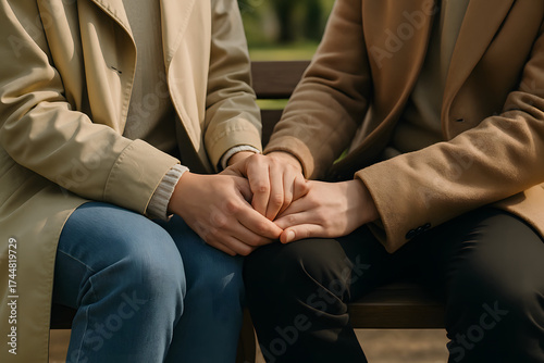 couple sits hand in hand close up