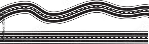 Wavy winding curves roads and horizontal path. Horizontal asphalt road template. Flat vector illustration isolated on transparent background. 
