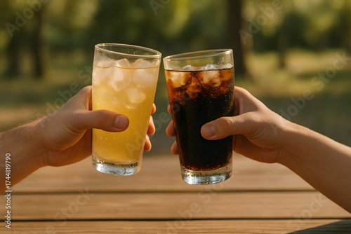 Hands touching glasses of cold drinks in a warm atmosphere