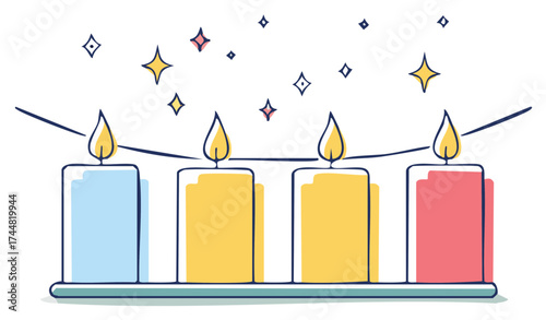 Advent candles illustration. Four burning wax candles with a star-shaped outline of sparks