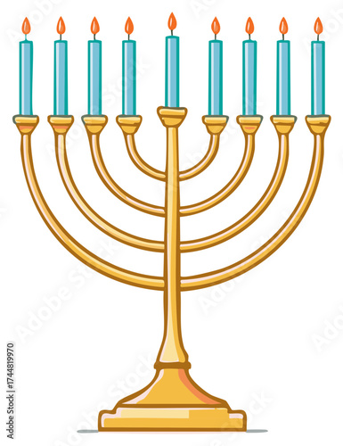 Hanukkah Menorah Illustration with Nine Lit Candles, Golden Candelabra, Jewish Holiday