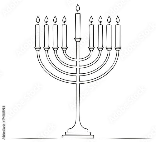 Traditional Jewish Hanukkah Menorah with nine lit candles line art illustration for religious holiday celebration