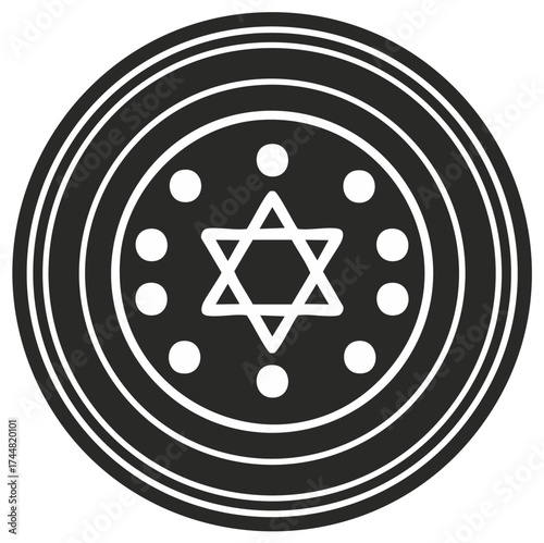 Star of David symbol inside a decorative circular emblem surrounded by dots and concentric rings