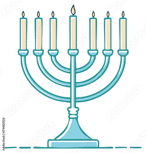 Stylized seven branch menorah candelabrum with lit candles and blue outline representing spirituality and light