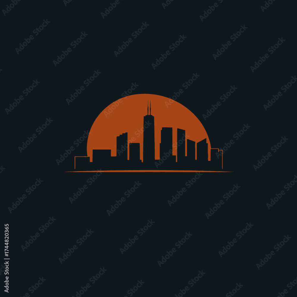 Fototapeta premium Silhouette of a city skyline with skyscrapers against a bright moon, framed by a stylized baseball diamond shape.