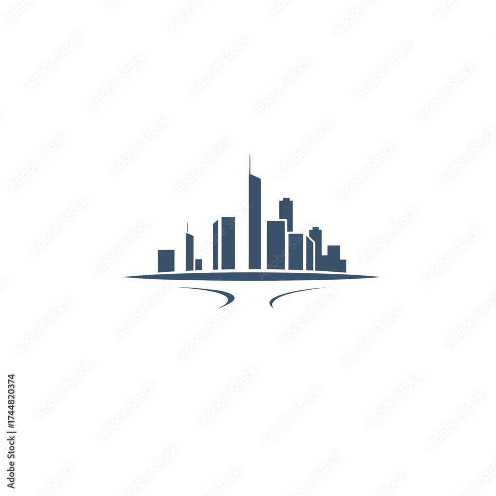 Fototapeta premium Silhouette of a city skyline with skyscrapers against a bright moon, framed by a stylized baseball diamond shape.