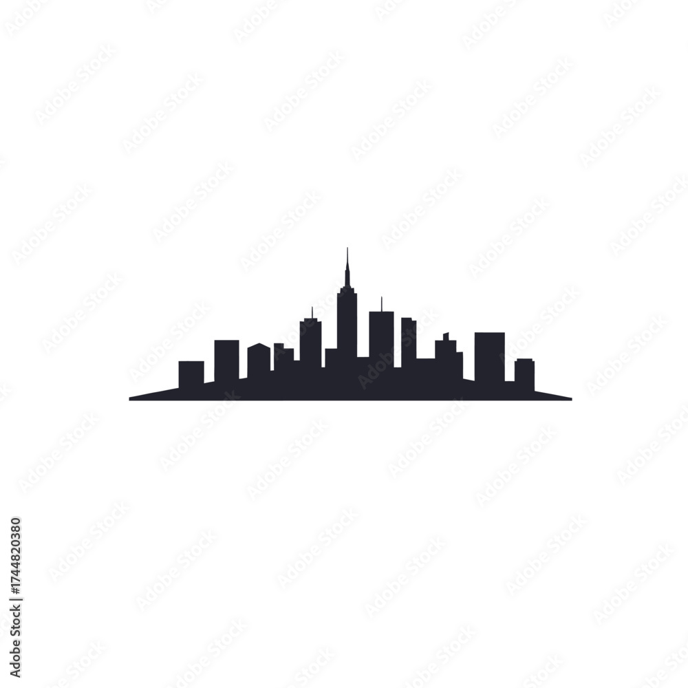 Naklejka premium Silhouette of a city skyline with skyscrapers against a bright moon, framed by a stylized baseball diamond shape.