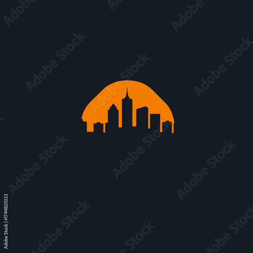 Silhouette of a city skyline with skyscrapers against a bright moon, framed by a stylized baseball diamond shape.