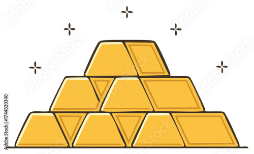 Stack of golden bars with sparkling highlights against a white background