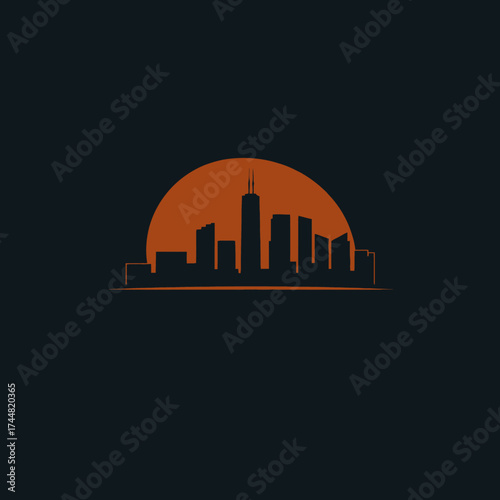 Silhouette of a city skyline with skyscrapers against a bright moon, framed by a stylized baseball diamond shape.