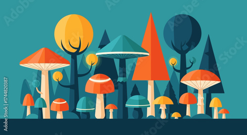 A vibrant and whimsical collection of stylized mushrooms.