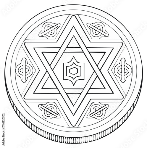 Traditional Star of David symbol with ornate geometric details in a decorative circular frame black and white art