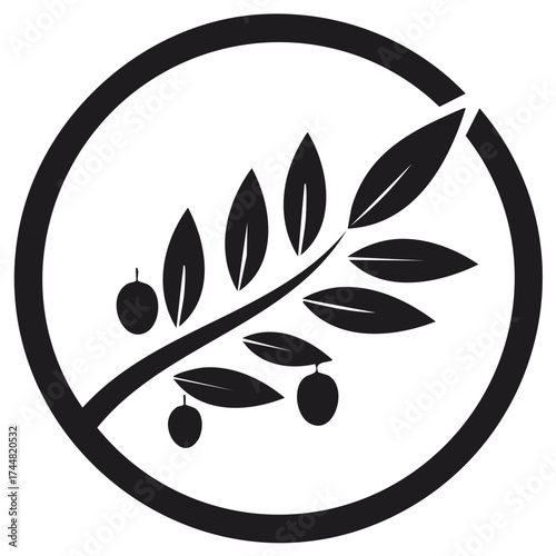 Olive branch illustration inside a circle, minimalist icon in black and white.