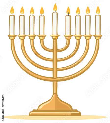 Golden Hanukkah Menorah with Nine Lit Candles for the Festival of Lights
