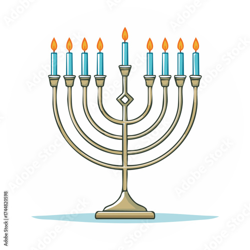 Hanukkah menorah with nine lit candles for the Jewish holiday celebration