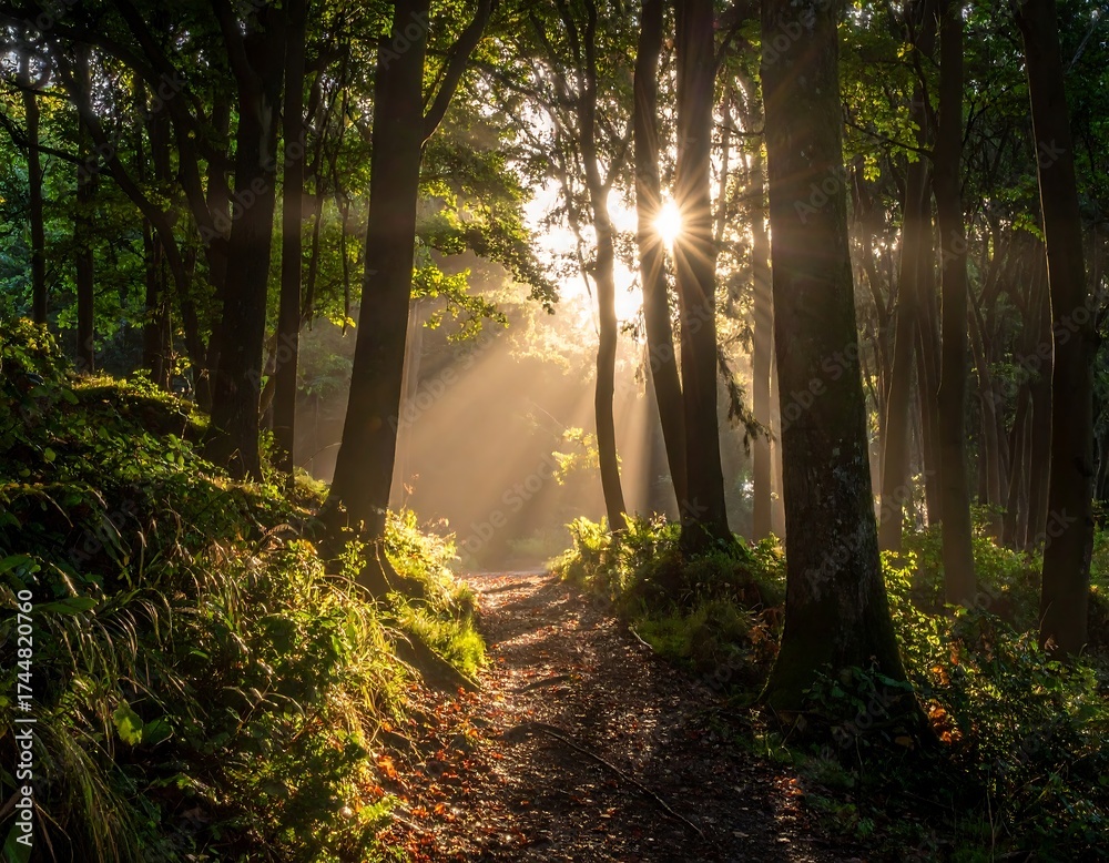Fototapeta premium Sunlight streams through a misty forest path