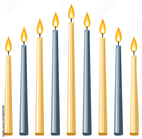 Eight burning candles in alternating colors of gold and blue