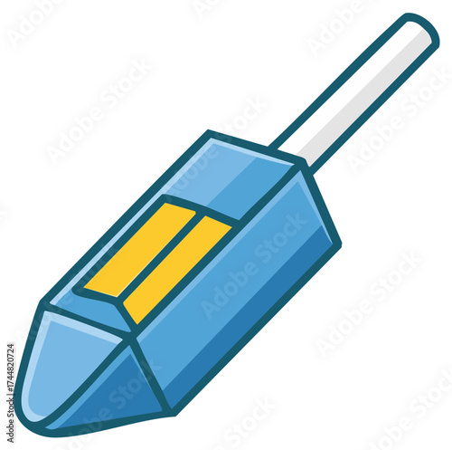 Stylized illustration of a blue and yellow writing instrument cartoon