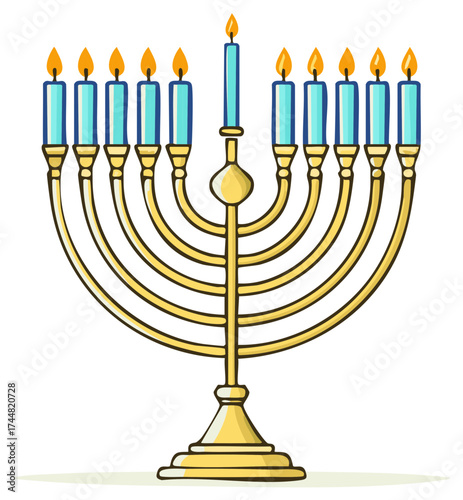 Golden menorah with nine lit blue candles and flickering flames