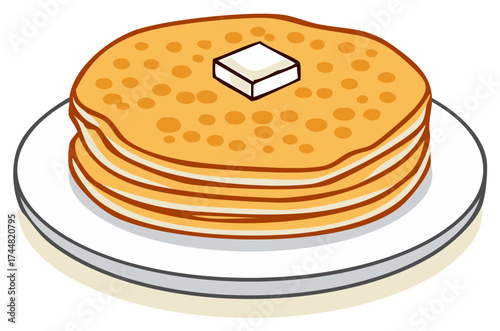 Stack of golden pancakes with butter on a plate, sweet breakfast food illustration