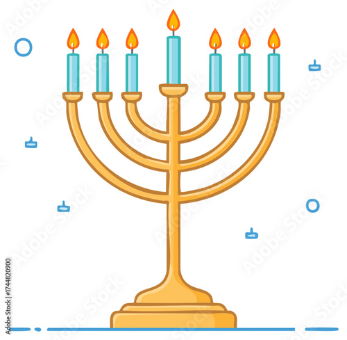 Menorah Jewish seven branched candelabrum with burning blue candles religion illustration