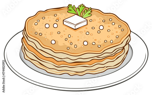 Stack of delicious golden pancakes with a square of butter and parsley garnish on a plate