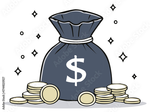Money Bag Filled With Coins And Dollar Symbol Surrounded By Sparkling Stars