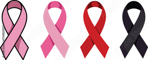 Awareness ribbons set vector illustration for cancer support, AIDS awareness, and memorial causes in pink, red, and black colors isolated on white background