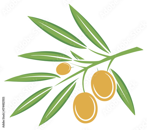 Stylized Olive Branch Icon with Green Leaves and Golden Olives Design Element