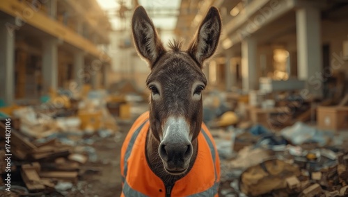Against the blurred outlines of a construction site, a donkey in a safety jacket and yellow helmet stands alert, epitomizing the essence of World Safety Day. World Donkey Day, May 8