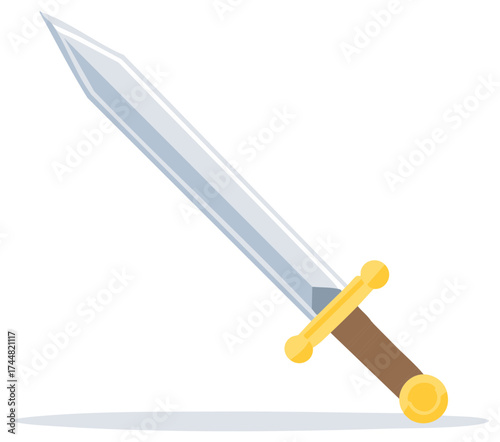 Simple illustration of a generic broadsword with a gold hilt and brown handle on a white background