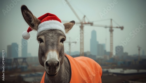 
Against the blurred outline of a construction site, a wary donkey stands in a protective vest and Santa hat. New Year's at the construction site.