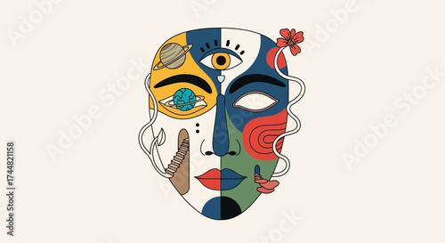 Abstract face with colorful geometric shapes and surreal elements.