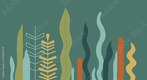 Abstract illustration of diverse plant shapes and textures in muted earthy tones.