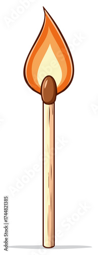 Cartoon Illustration of a Single Matchstick with a Flame Burning Brightly