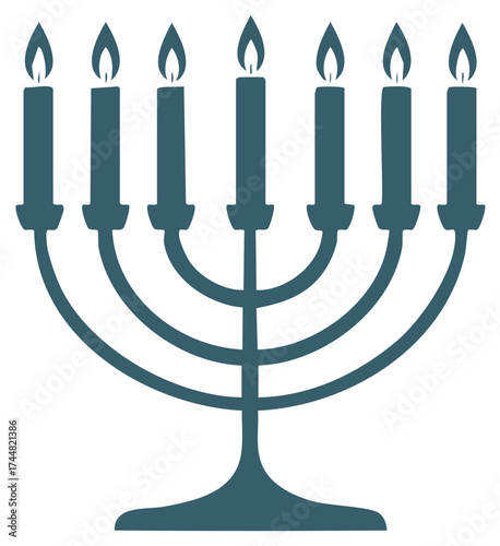 Seven Branch Menorah Illustration with Lit Candles Jewish Symbol