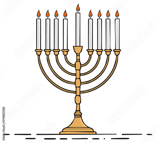 Golden Menorah with Lit Candles for Hanukkah Celebration Jewish Holiday Icon