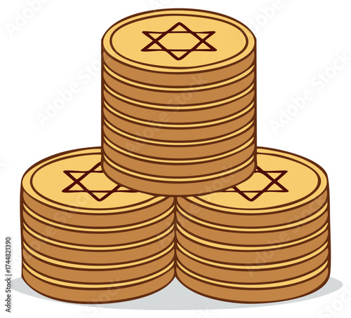 Three Stacks of Hanukkah Gelt Coins with Star of David Symbol Holiday Tradition