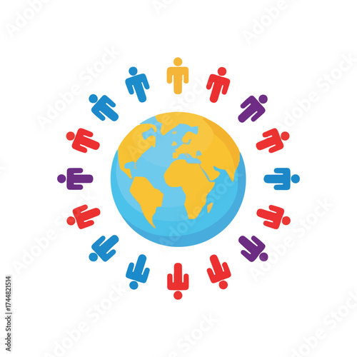 Flat vector illustration for Global Dignity Day featuring diverse people, abstract figures, and inspirational symbols representing kindness, solidarity, human rights, and global harmony