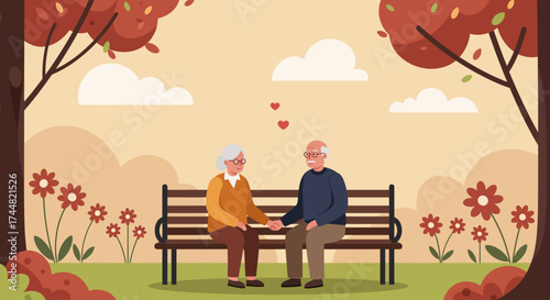 This flat design illustration portrays an elderly couple peacefully enjoying nature in a garden, symbolizing companionship and the therapeutic benefits of the outdoors for seniors.