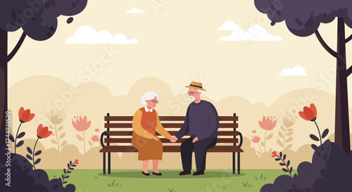 This flat design illustration portrays an elderly couple peacefully enjoying nature in a garden, symbolizing companionship and the therapeutic benefits of the outdoors for seniors.