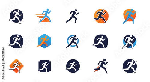 Dynamic collection of modern running man icons perfect for fitness apps, sports branding, or athletic wear design with vibrant colors and sleek silhouettes