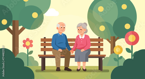 This flat design illustration portrays an elderly couple peacefully enjoying nature in a garden, symbolizing companionship and the therapeutic benefits of the outdoors for seniors.