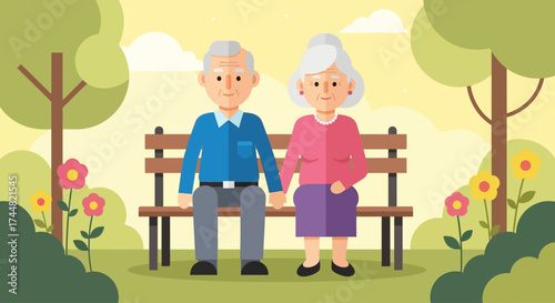 This flat design illustration portrays an elderly couple peacefully enjoying nature in a garden, symbolizing companionship and the therapeutic benefits of the outdoors for seniors.