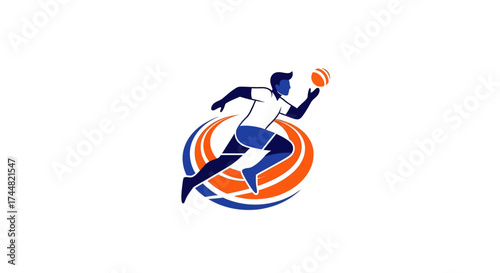 Dynamic rugby player sprinting with the ball, perfect for sports branding and team logos, showcasing speed, agility and competitive spirit in vibrant colors