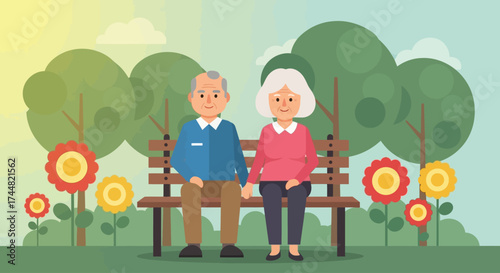 This flat design illustration portrays an elderly couple peacefully enjoying nature in a garden, symbolizing companionship and the therapeutic benefits of the outdoors for seniors.