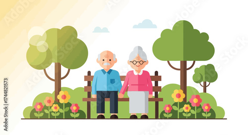 This flat design illustration portrays an elderly couple peacefully enjoying nature in a garden, symbolizing companionship and the therapeutic benefits of the outdoors for seniors.