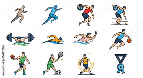 Dynamic vector art showcases diverse sports like running, swimming, basketball, tennis, weightlifting, and track and field for active lifestyle concepts
